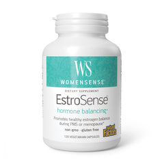 Natural Factors EstroSense bottle on a counter for daily hormonal balance.