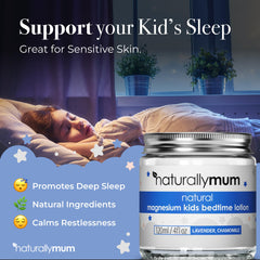 NaturallyMum magnesium lotion kids foot application for easy pre-bed massage.