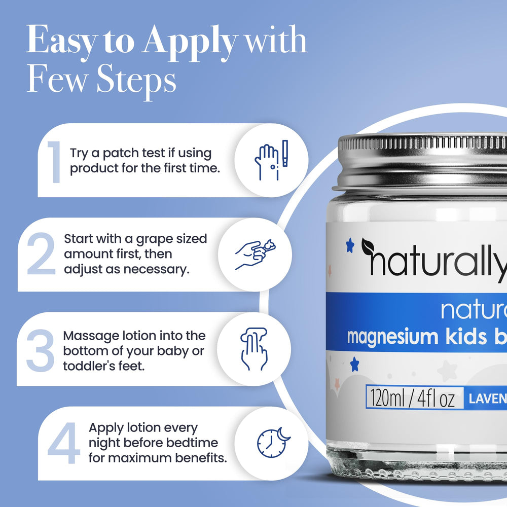 NaturallyMum magnesium lotion kids lavender chamomile scent promotes relaxation.