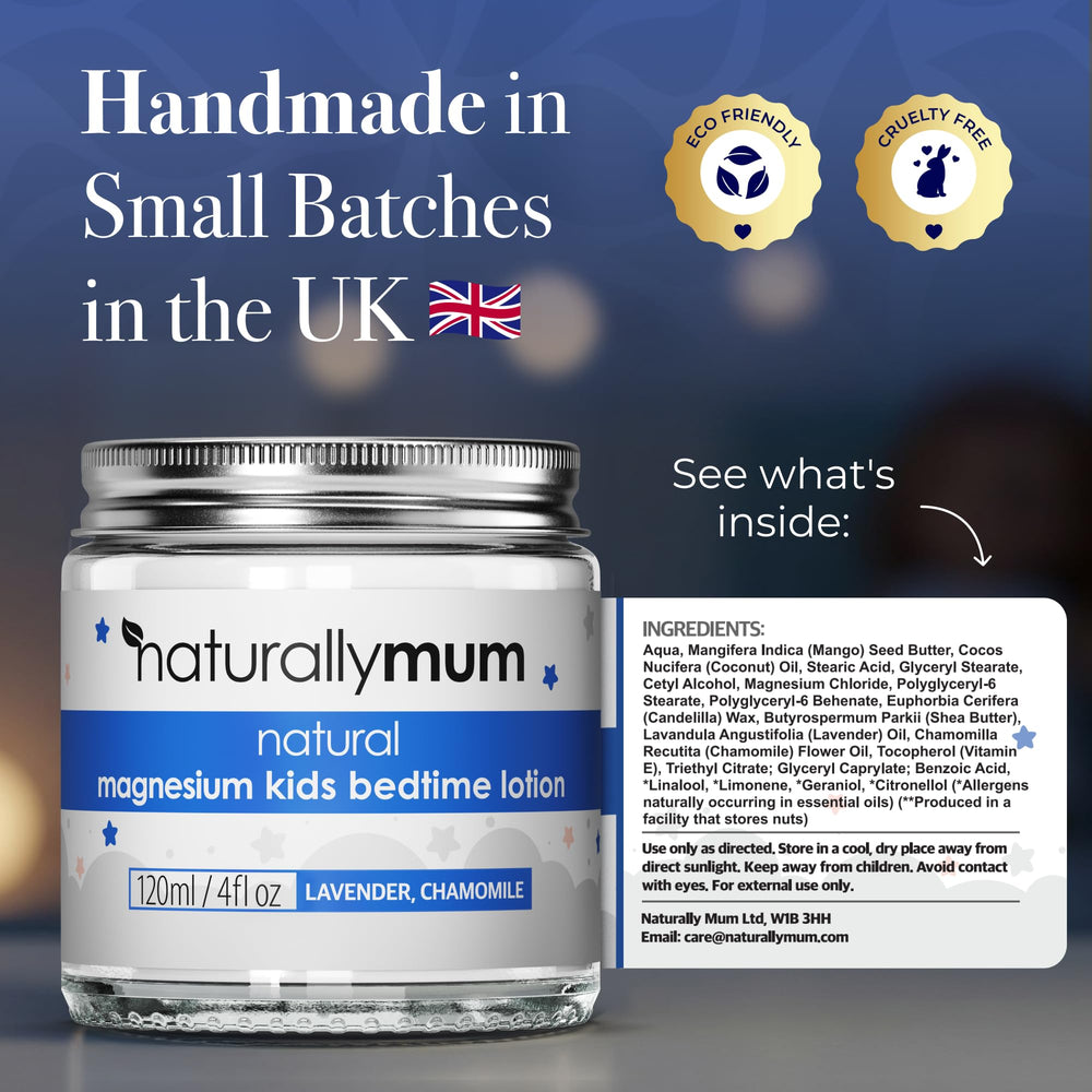 NaturallyMum magnesium lotion kids mango butter boosts skin hydration.