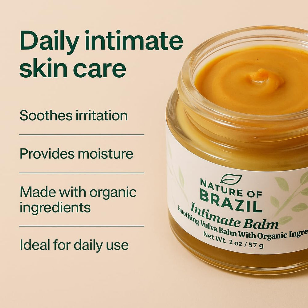 Nature of Brazil Vulva Balm application scene shows gentle touch on intimate skin.