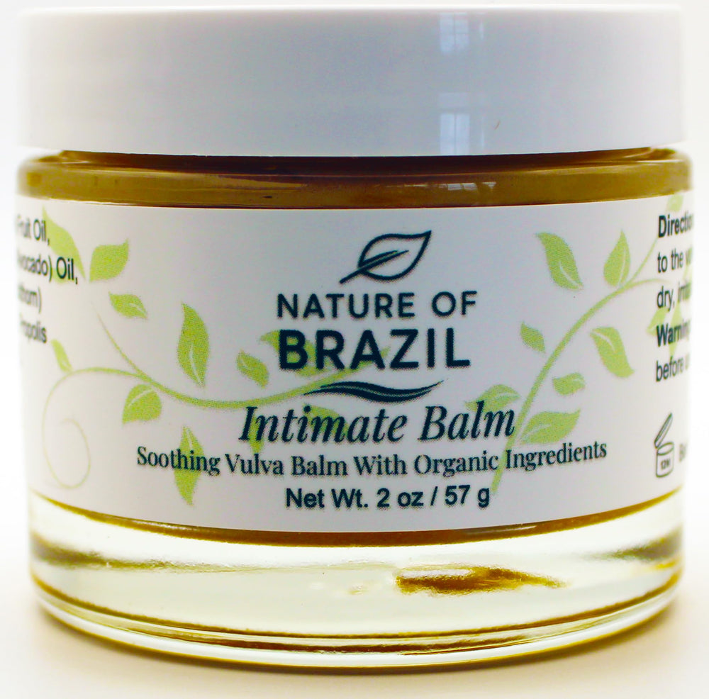 Nature of Brazil Vulva Balm jar close-up showing creamy texture for intimate skin care.