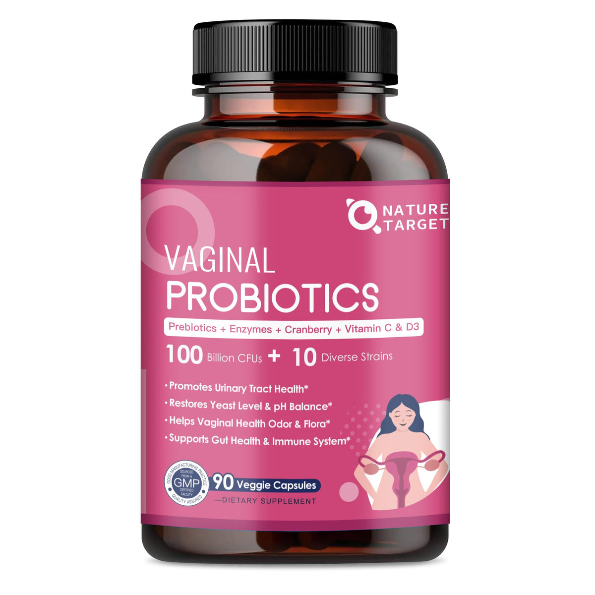Nature Target vaginal probiotics bottle front for daily balance.