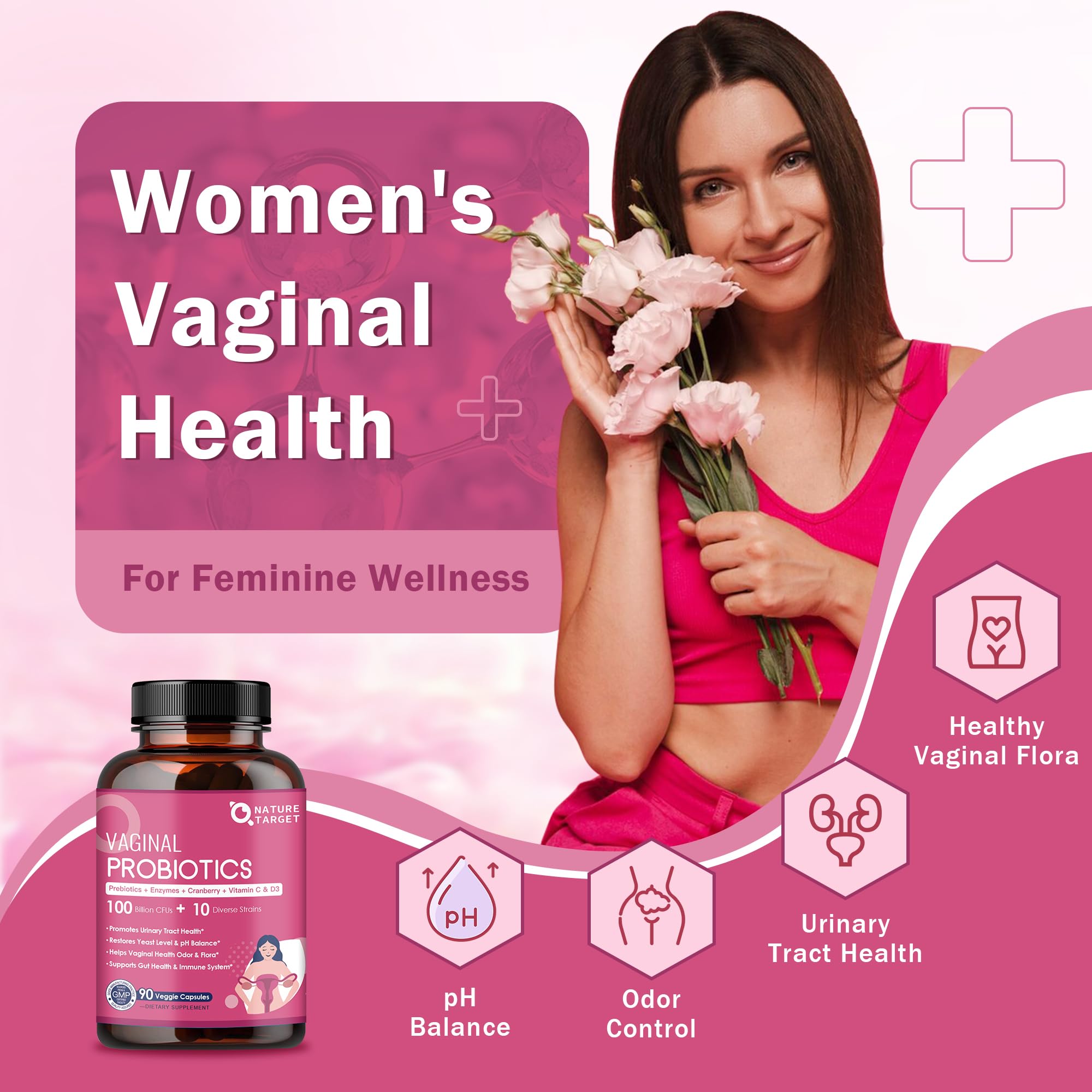 Nature Target vaginal probiotics capsules close-up highlighting high potency.
