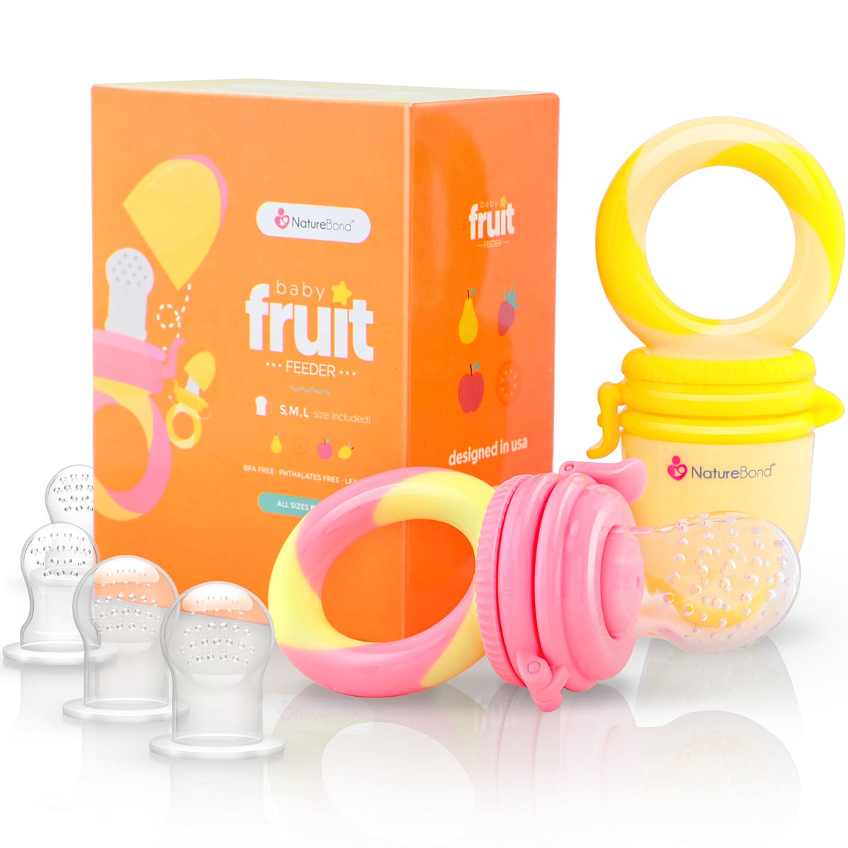 NatureBond baby feeder in two-pack shown for safe fruit feeding during weaning
