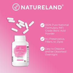 Natureland boric acid suppositories USA-made label highlighting quality.