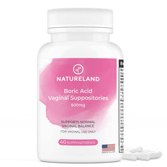 Natureland boric acid vaginal suppositories 600mg 40-count package for daily comfort.