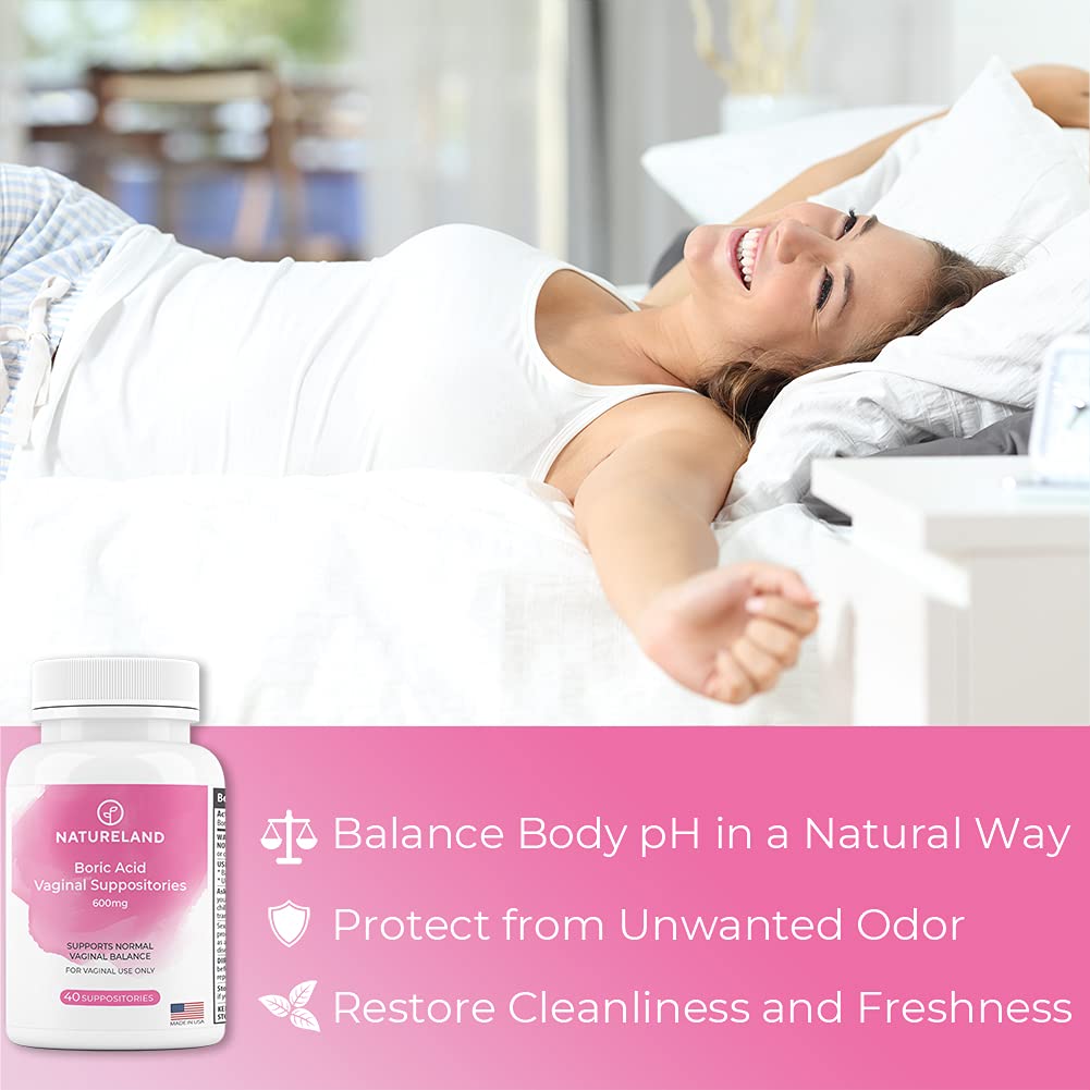 Natureland vaginal suppositories 600mg dissolve quickly for on-the-go use.