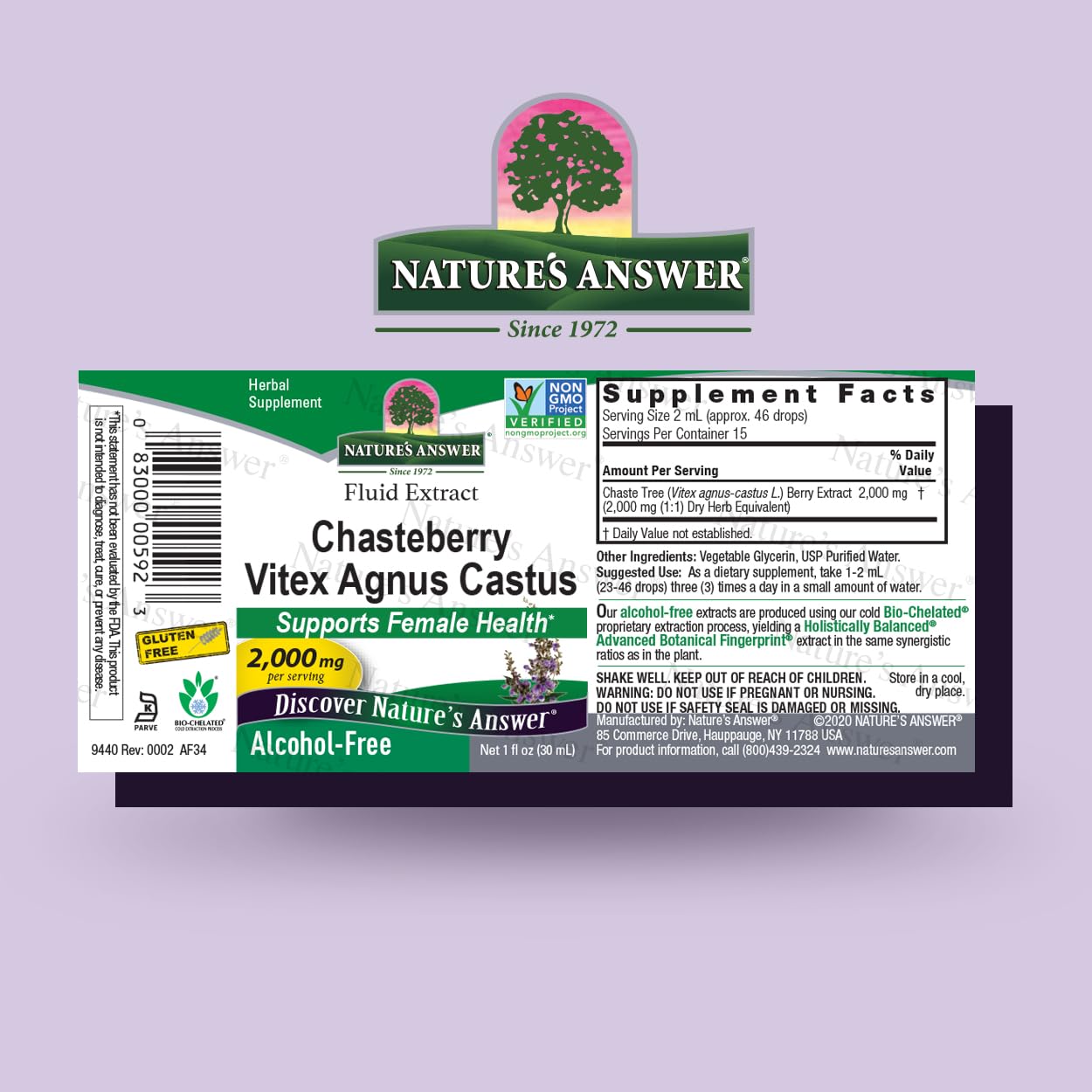Nature's Answer vitex berry label close-up highlights 2000 mg per serving.