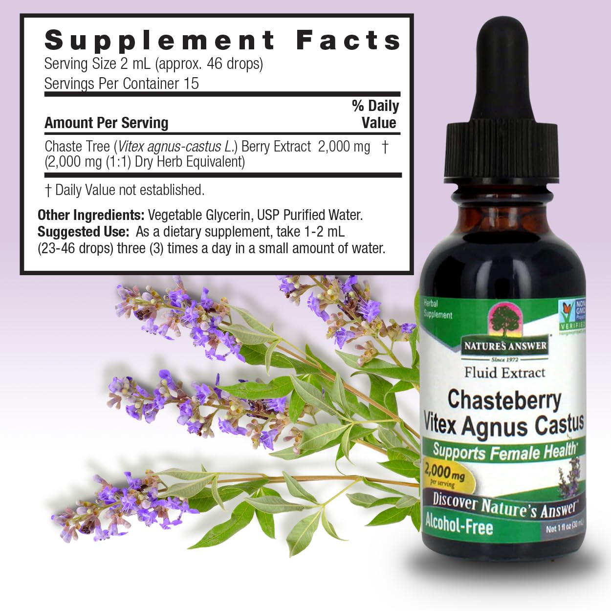 Nature's Answer vitex bottle being poured, showing a clean alcohol-free base.