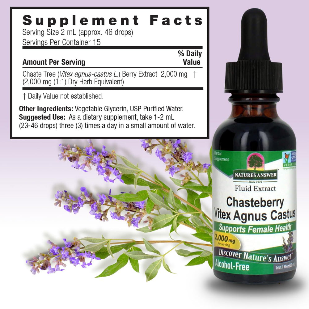 Nature's Answer vitex bottle being poured, showing a clean alcohol-free base.