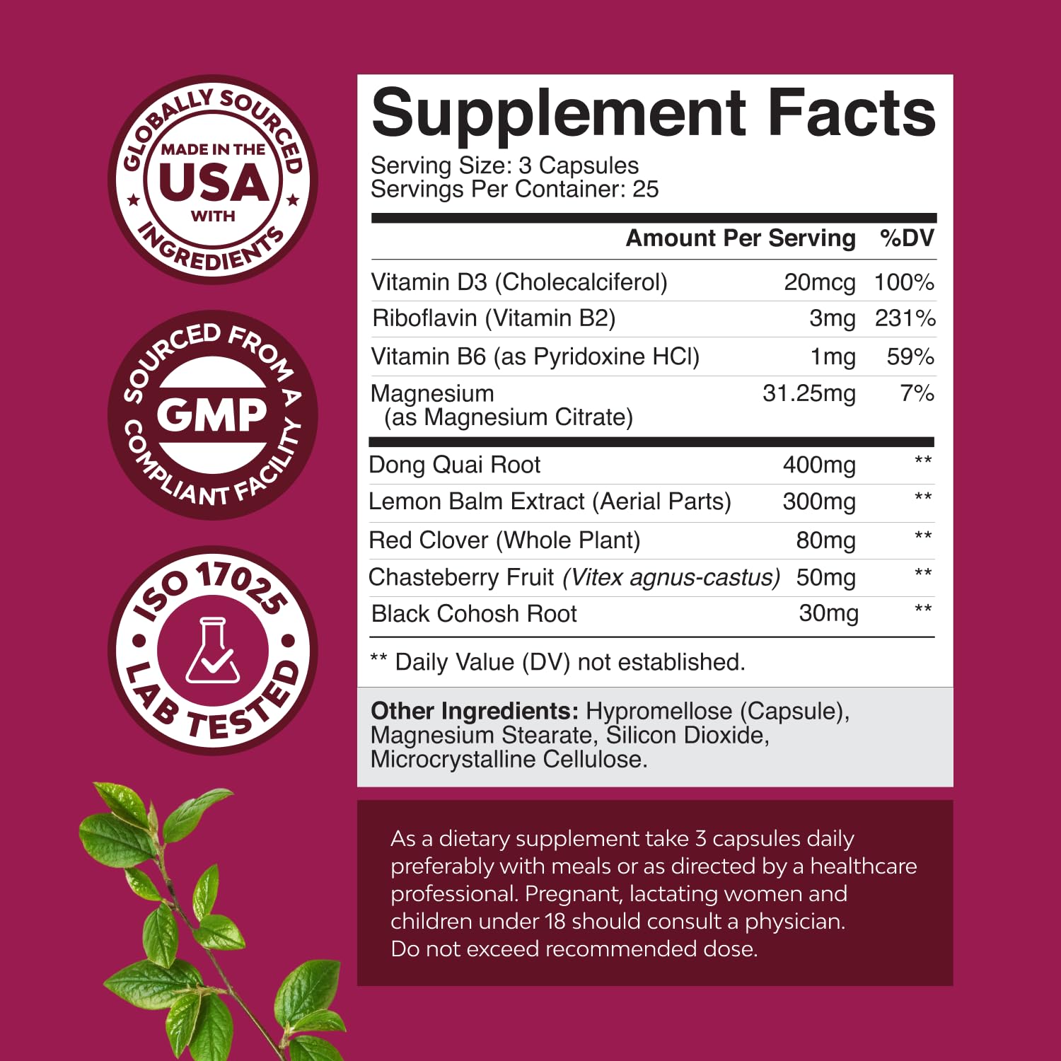 Natures Craft Complete Herbal Menopause bottle back describes capsules for daily comfort.
