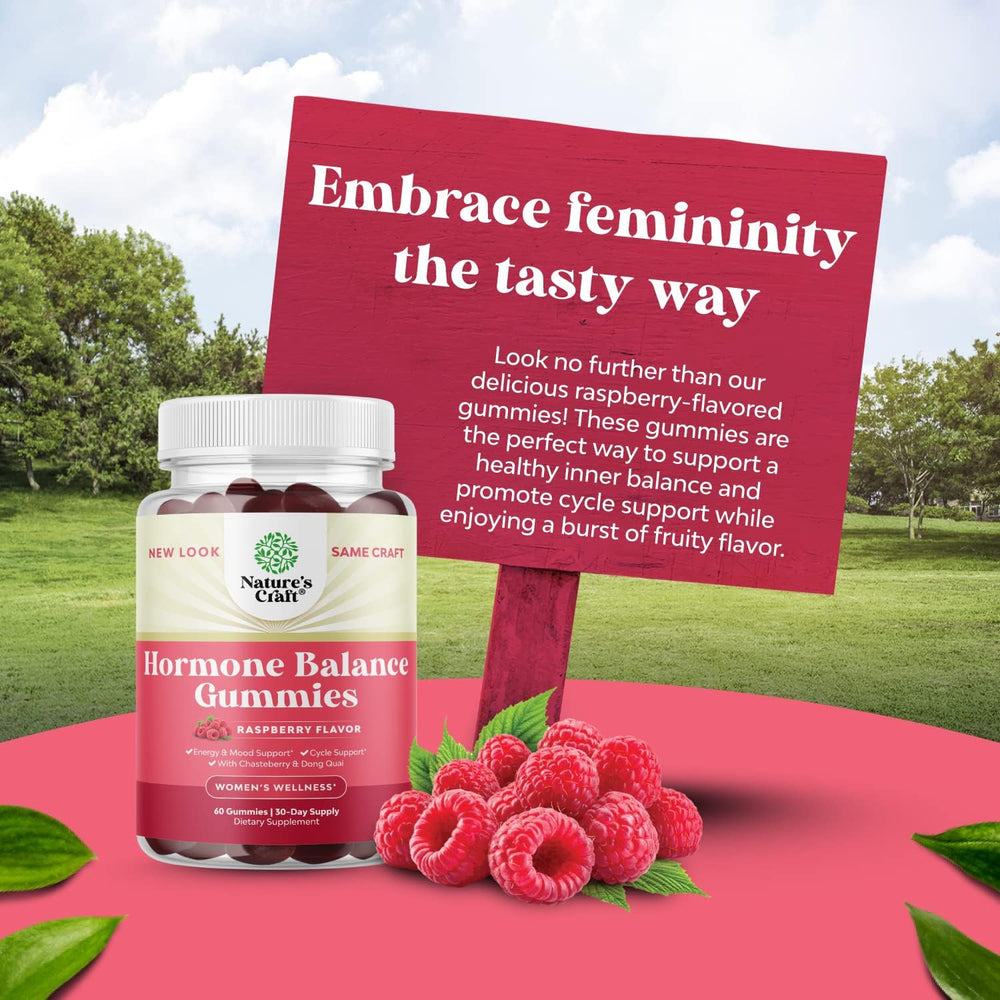 Nature's Craft Hormone Balance Gummies vegan-non-gmo label signals plant-based formulation.