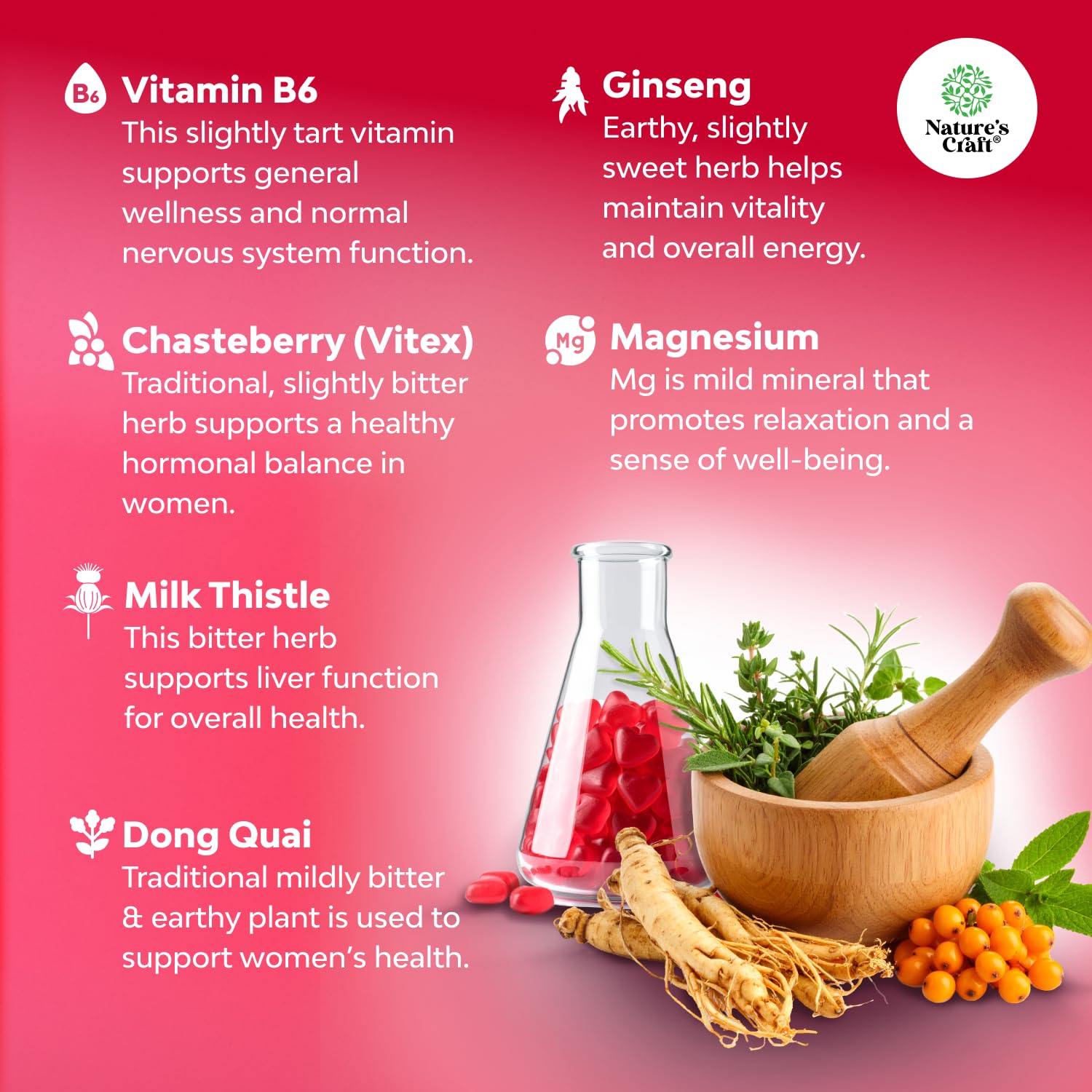 Natures Craft label shows vegan non-GMO formula with vitamin B6 and dong quai