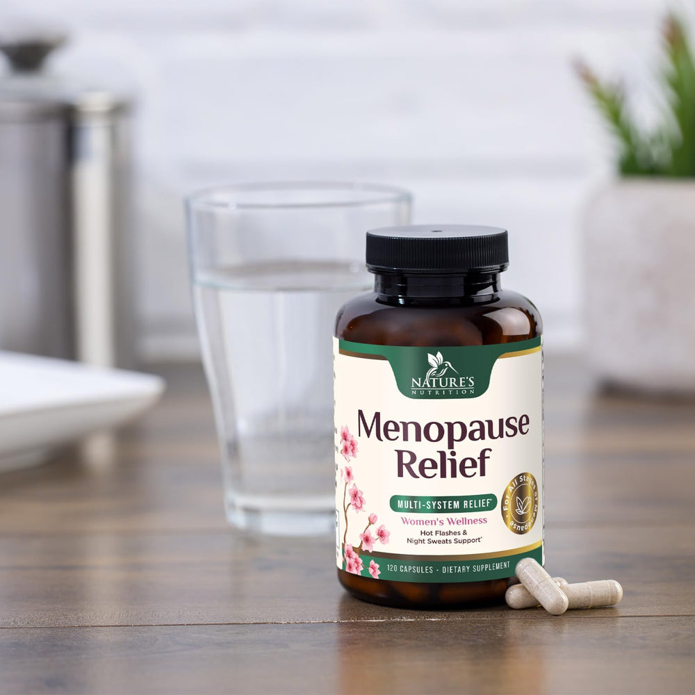 Nature's Nutrition menopause bottle on desk conveys USA-made quality and reliability.