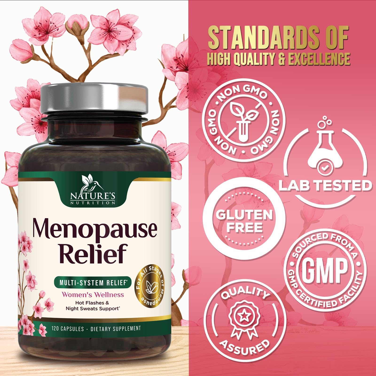Nature's Nutrition menopause label detail features Black Cohosh and Dong Quai.