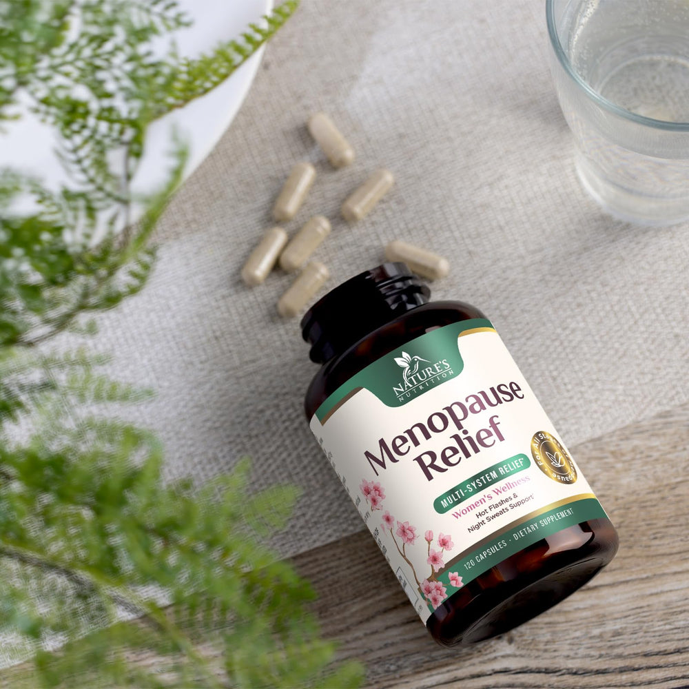 Nature's Nutrition menopause packaging with nutrition facts highlights a clean label.