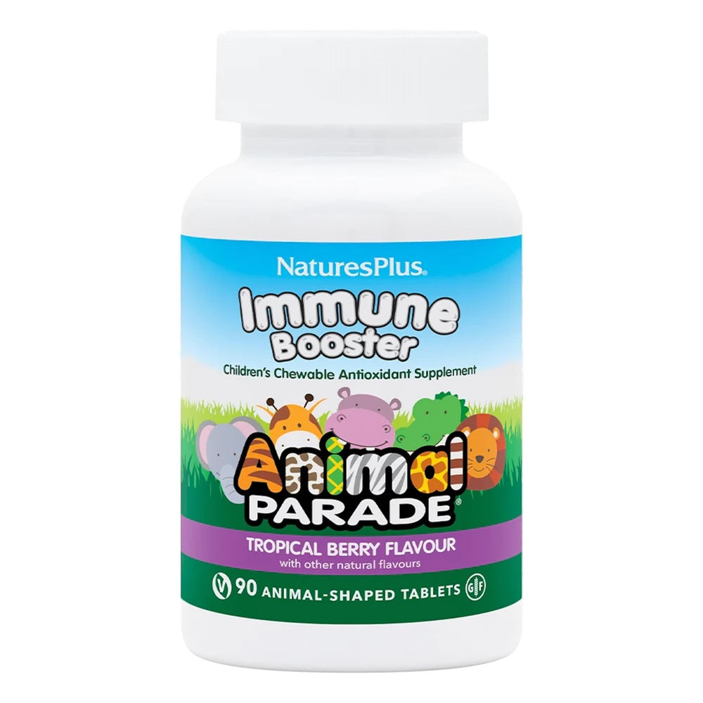 Natures Plus Animal Parade Immune Booster tropical berry bottle with kid-friendly chewables for immune support