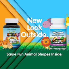 Natures Plus Animal Parade Immune Booster tropical berry chewables close-up highlighting flavor and texture