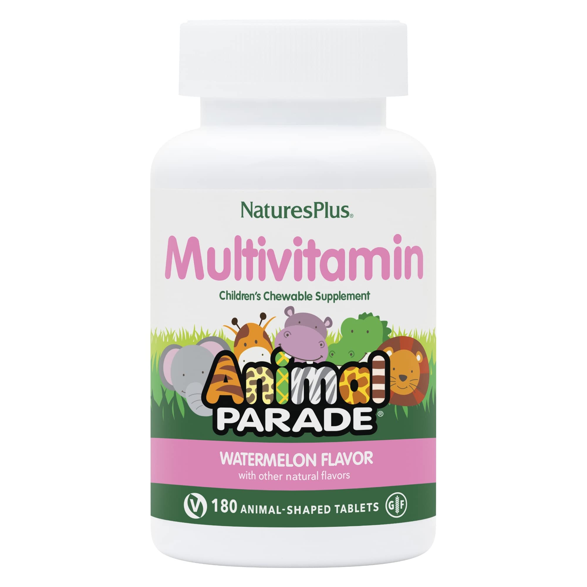 Nature's Plus Animal Parade watermelon animal-shaped tablets for kids' daily nutrition.