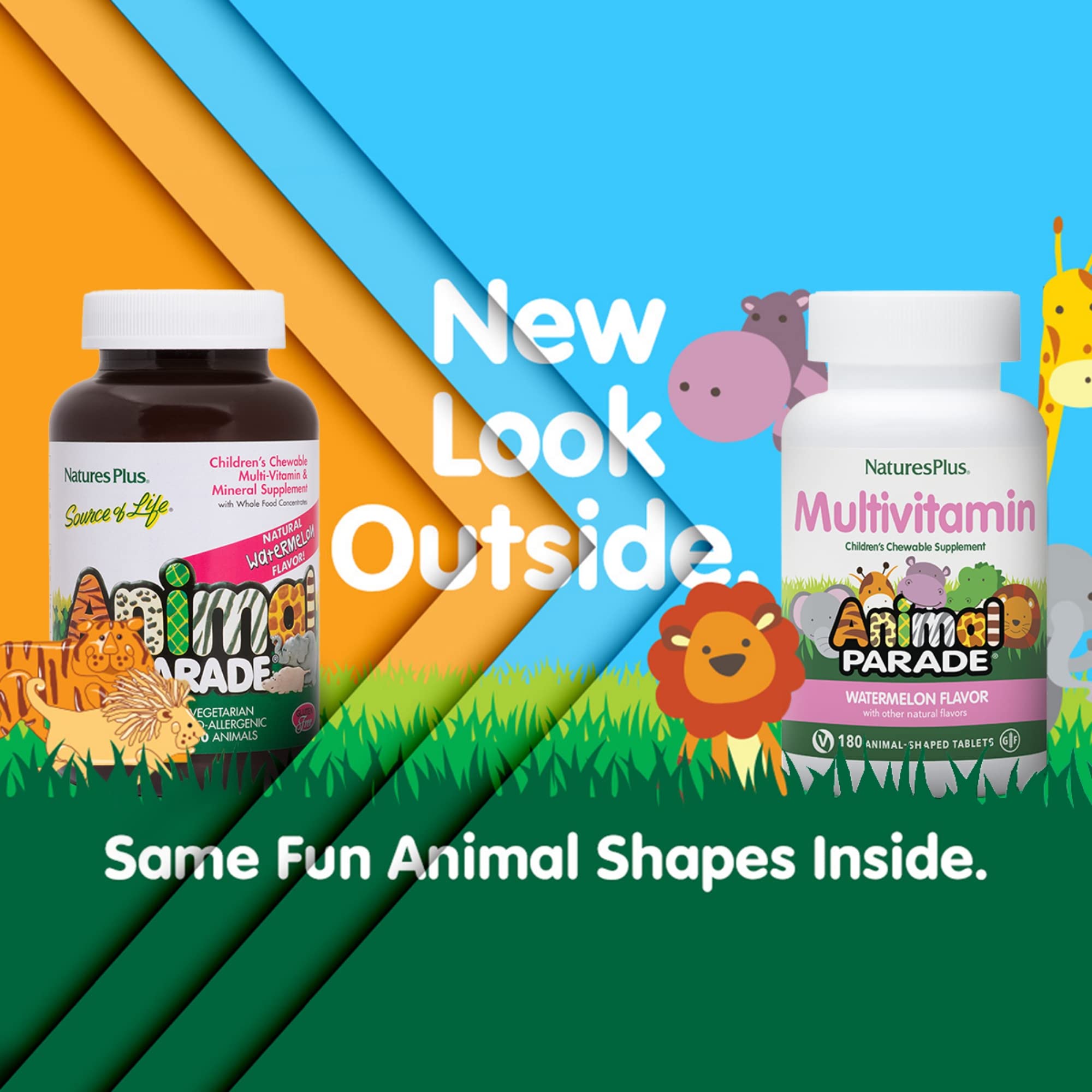 Nature's Plus Animal Parade watermelon-flavored chewables shaped as animals entice kids.