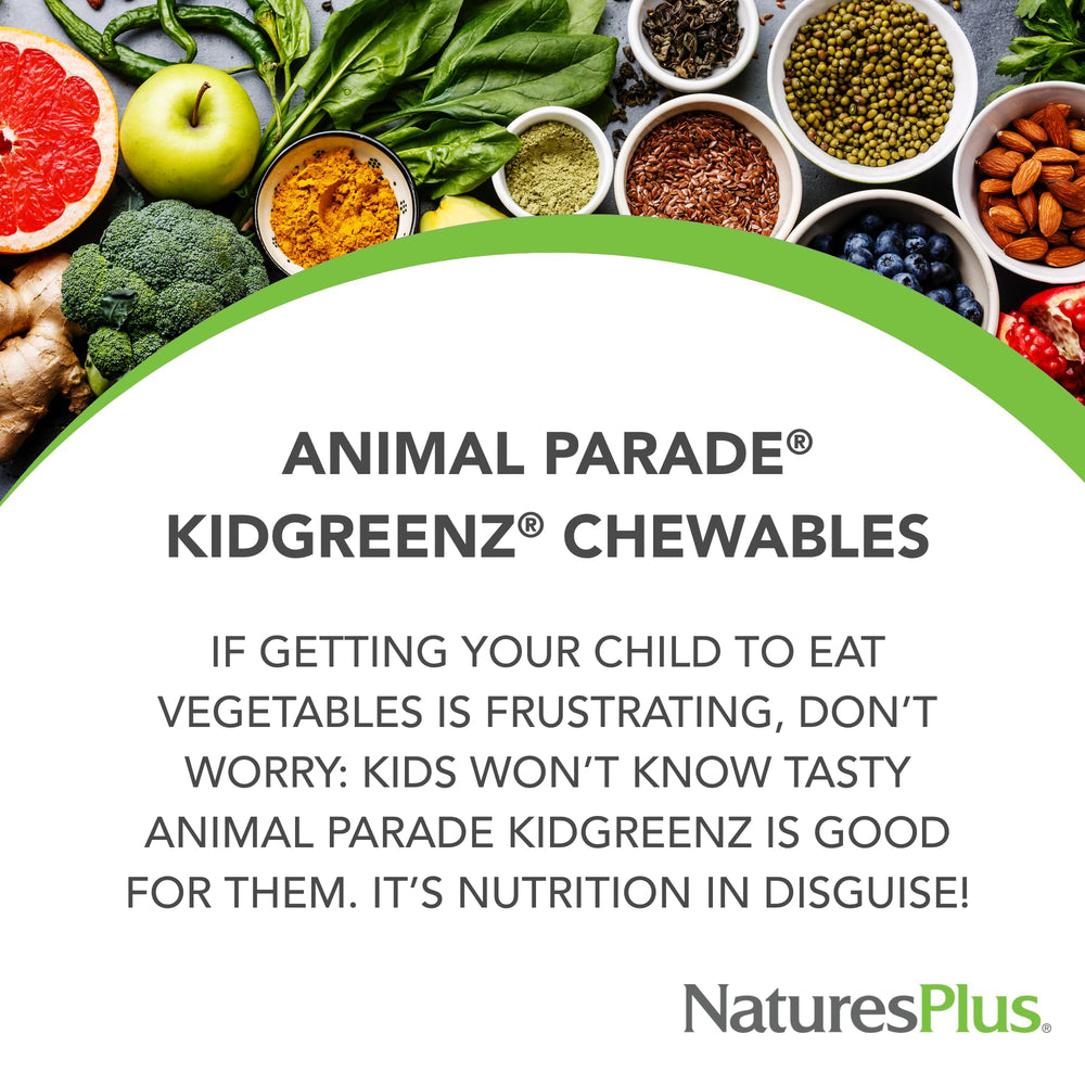 Nature's Plus Ape KidGreenz packaging highlights plant-based ingredients and hypoallergenic formula.