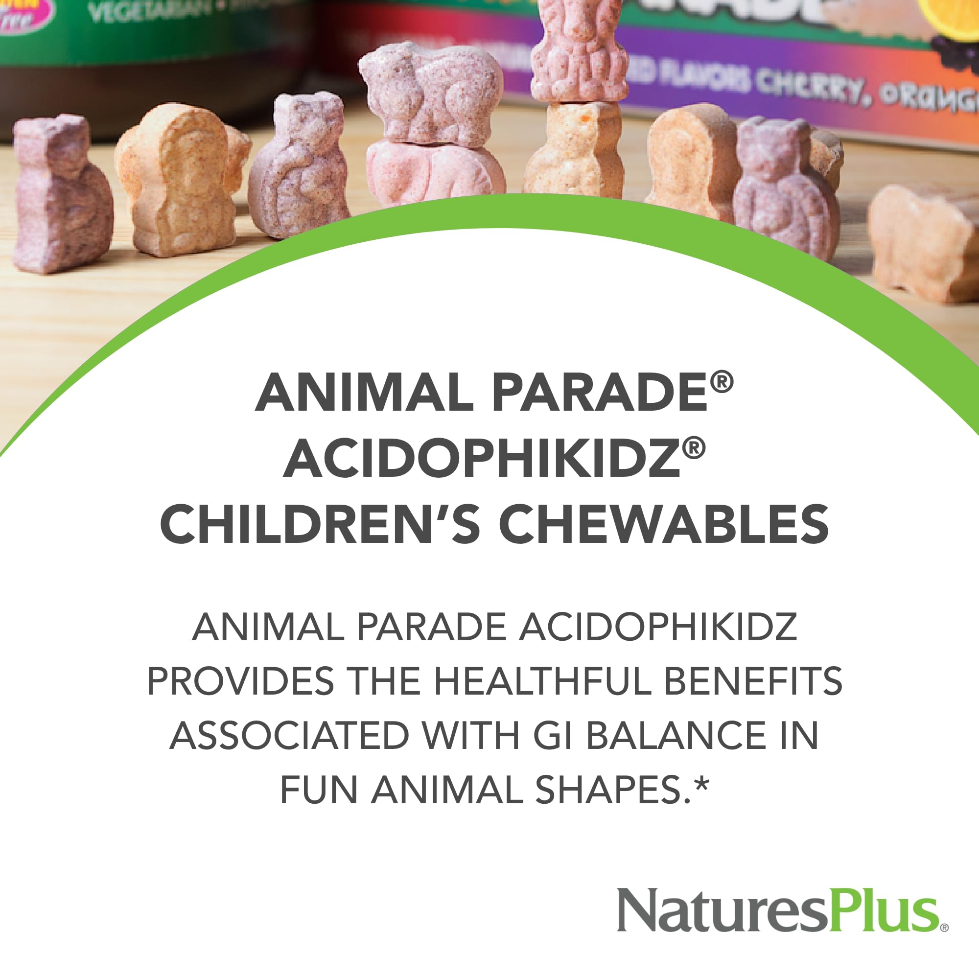 Nature'sPlus AcidophiKidz animal shapes make daily probiotic use fun.