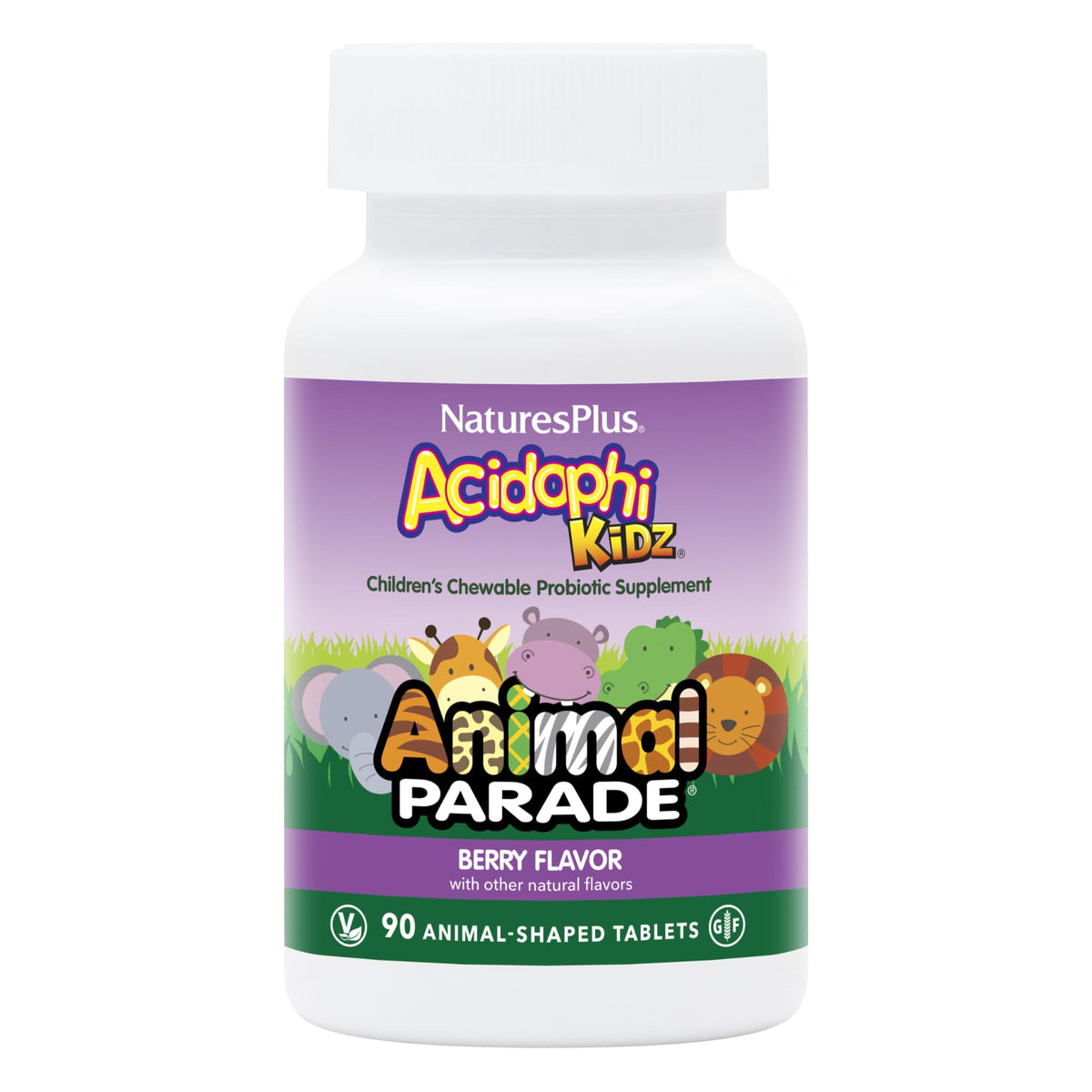 Nature'sPlus AcidophiKidz bottle with animal-shaped chews for kid-friendly probiotic routine.