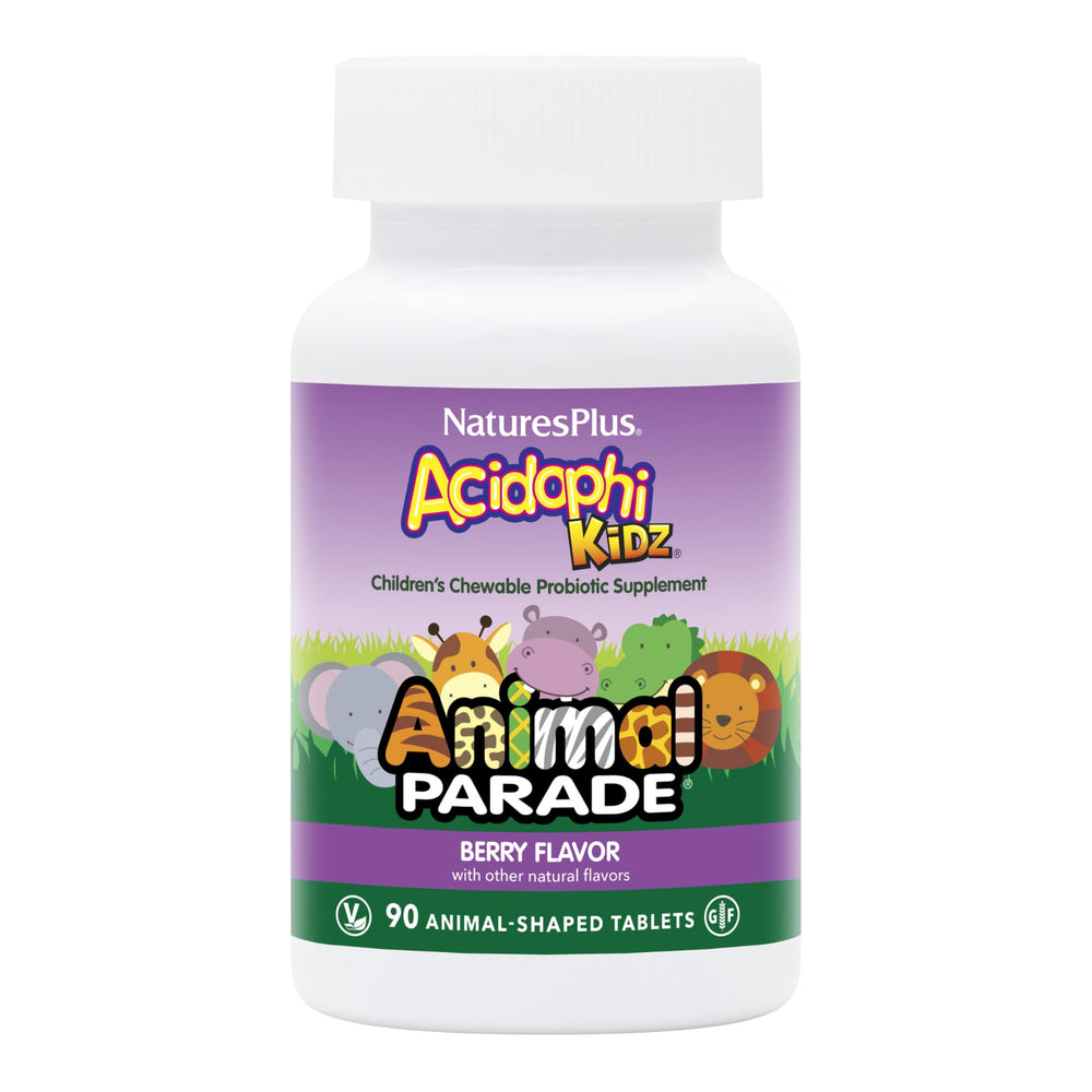 NaturesPlus AcidophiKidz bottle promotes kid-friendly daily probiotic routine.