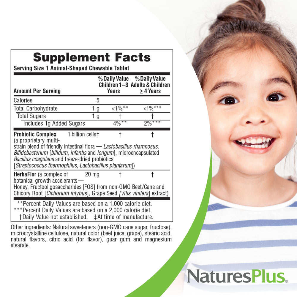 NaturesPlus AcidophiKidz packaging highlights FOS for enhanced activity.