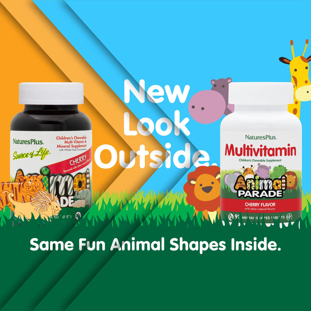 Close-up of NaturesPlus Animal Parade animal-shaped tablets.