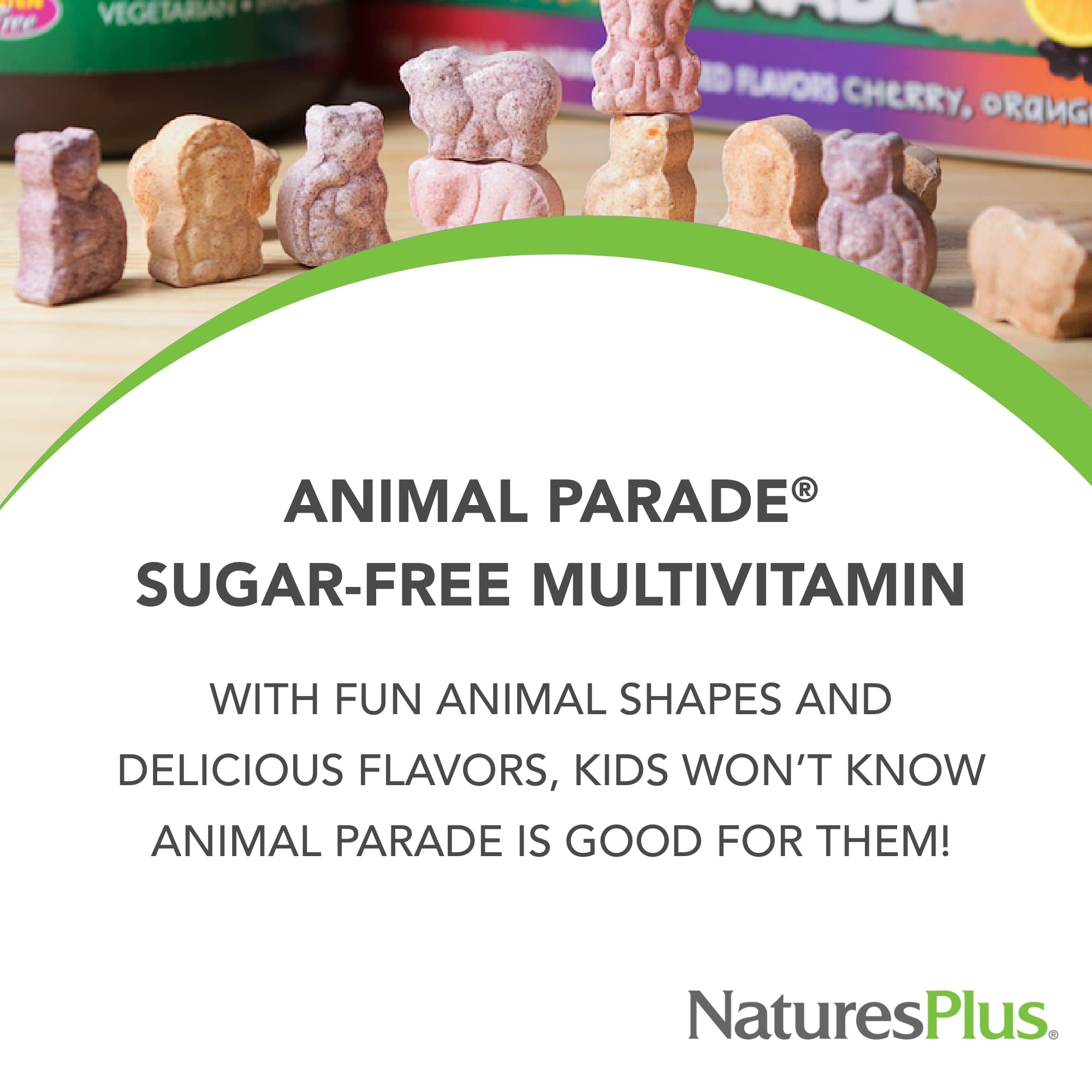 NaturesPlus Animal Parade animal-shapes attract children during mealtime routines.