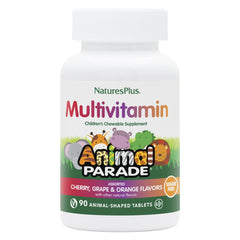 NaturesPlus Animal Parade bottle-front shows kid-friendly, sugar-free multivitamin for daily support.