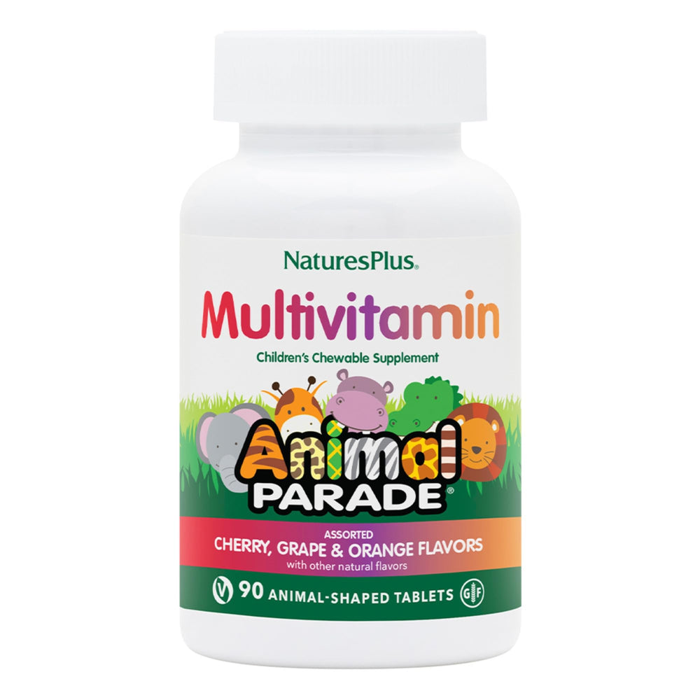 Nature's Plus Animal Parade bottle with animal-shaped chewables for kid-friendly daily nutrition