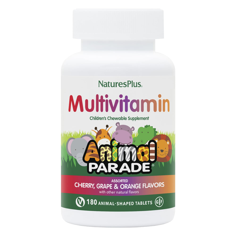 NaturesPlus Animal Parade bottle with animal-shaped chewables for kids.