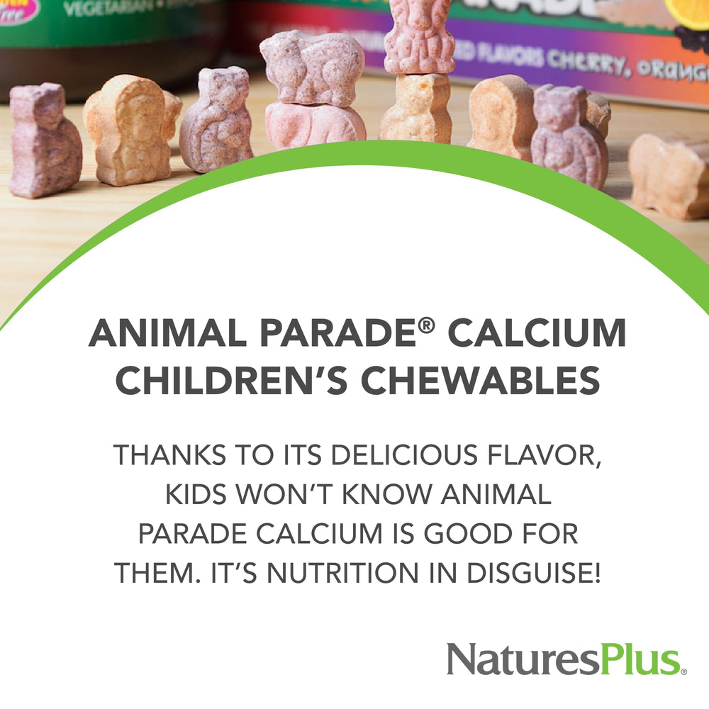 Close-up of animal-shaped tablets from NaturesPlus Animal Parade Calcium for fun daily nutrition.