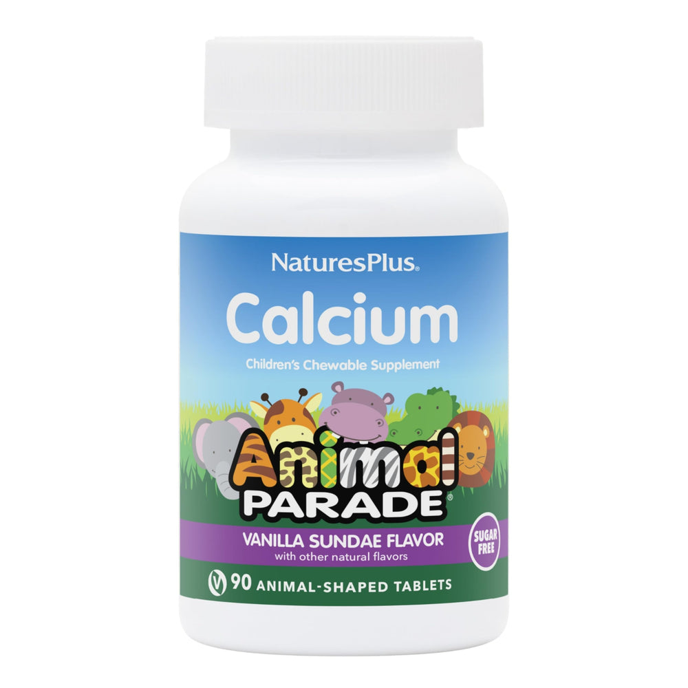 NaturesPlus Animal Parade calcium chewables bottle with kid-friendly shape for daily bone support.