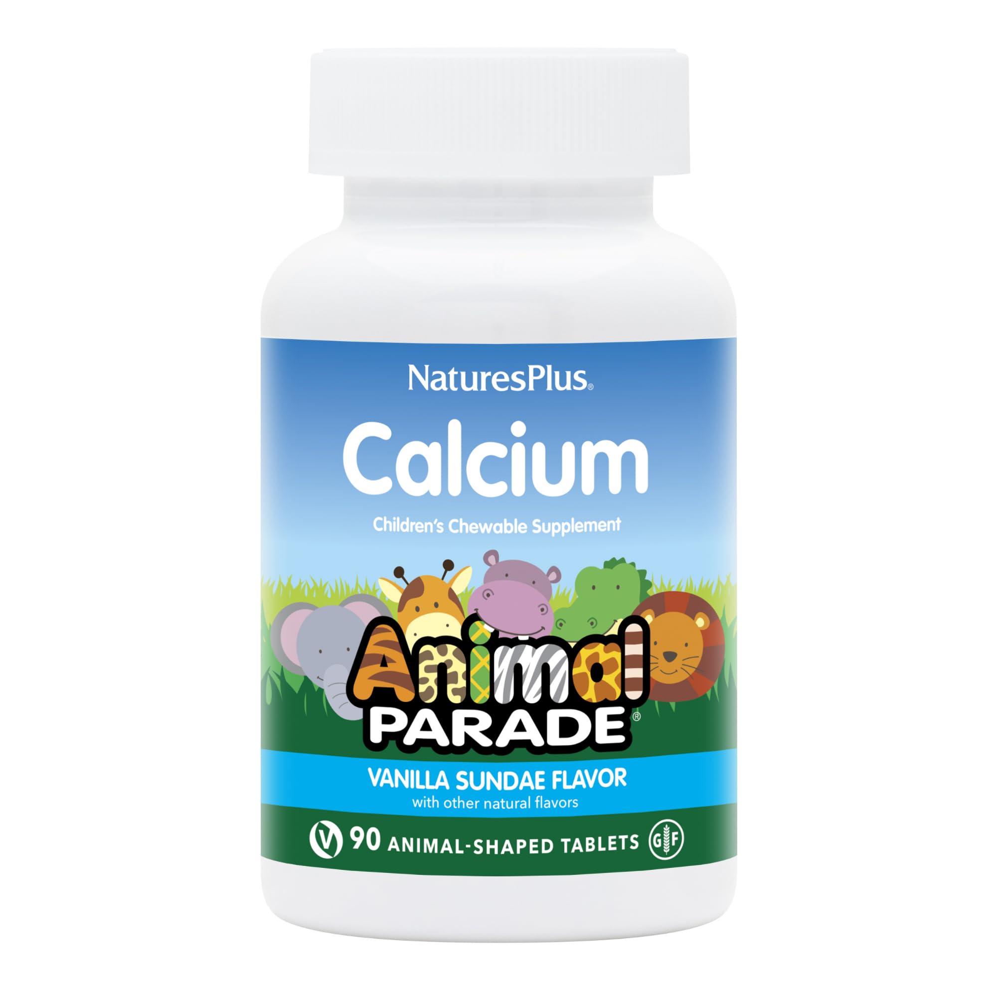 NaturesPlus Animal Parade Calcium vanilla sundae bottle for kid-friendly bone support.