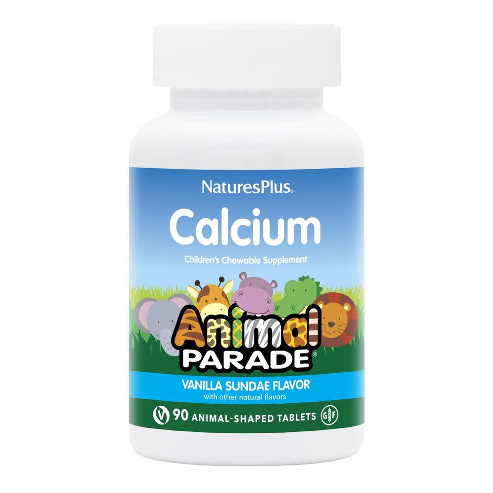NaturesPlus Animal Parade Calcium vanilla sundae bottle for kid-friendly bone support.