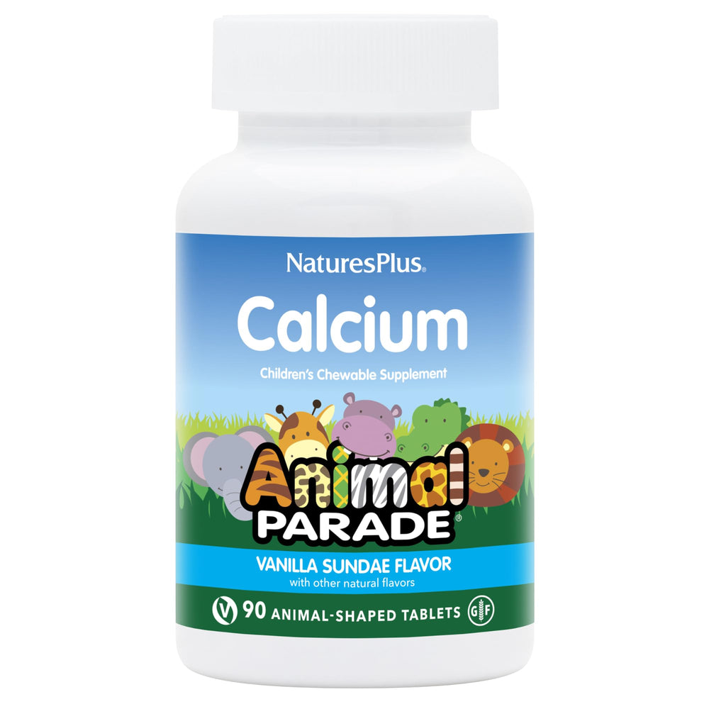 NaturesPlus Animal Parade Calcium vanilla sundae chewables on a plate, kid-friendly daily calcium support.