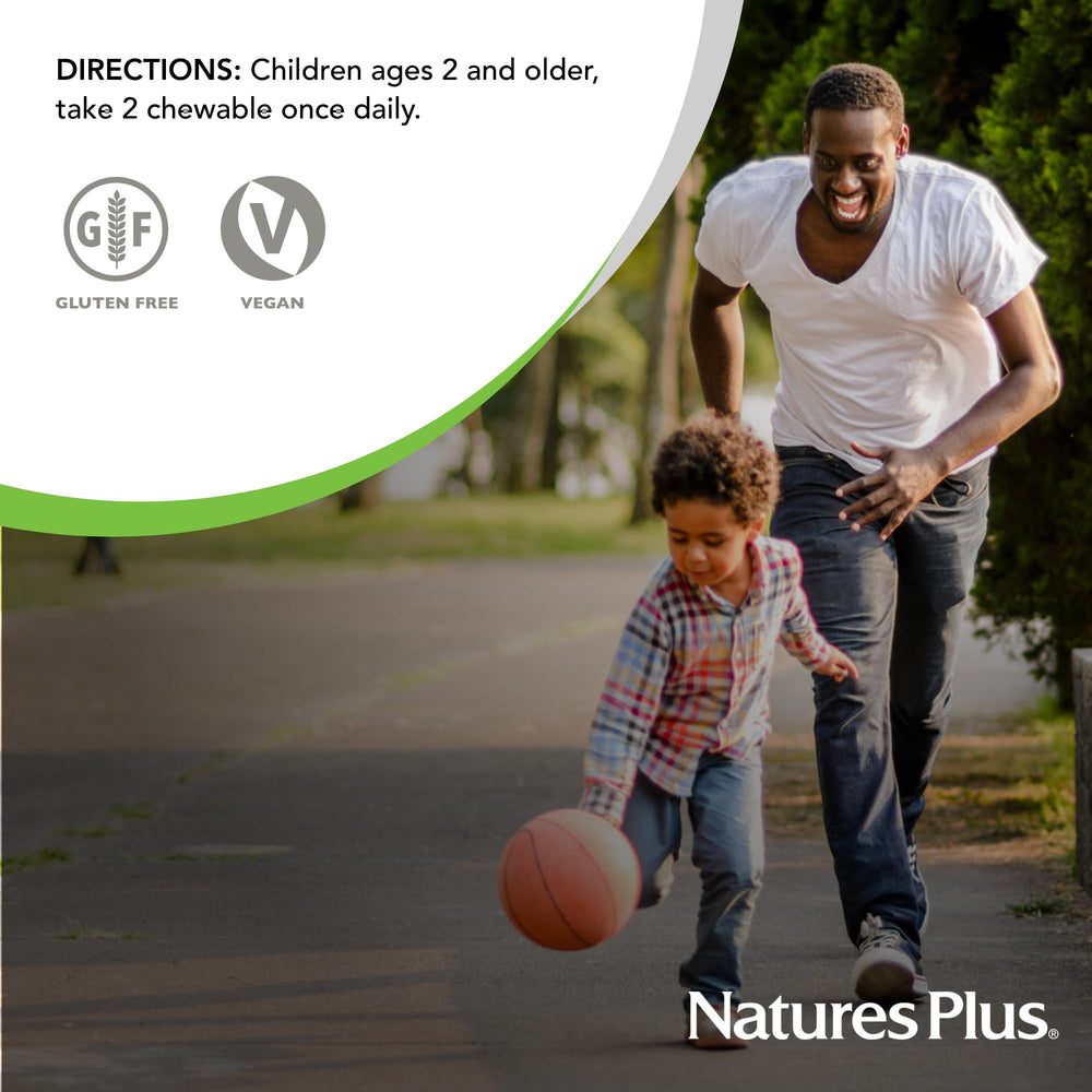 NaturesPlus Animal Parade Calcium vegan gluten-free packaging indicators for dietary compatibility.