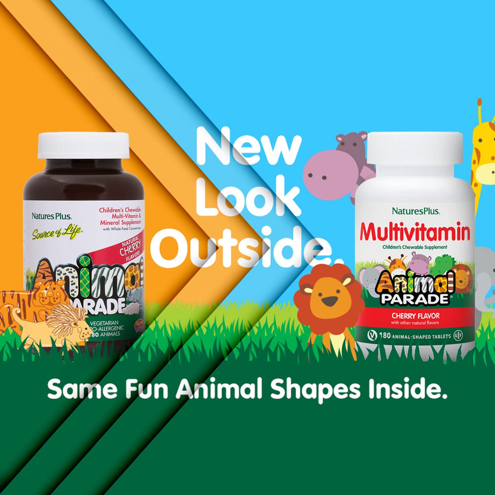NaturesPlus Animal Parade cherry chewables; kid-friendly flavor for daily vitamins.