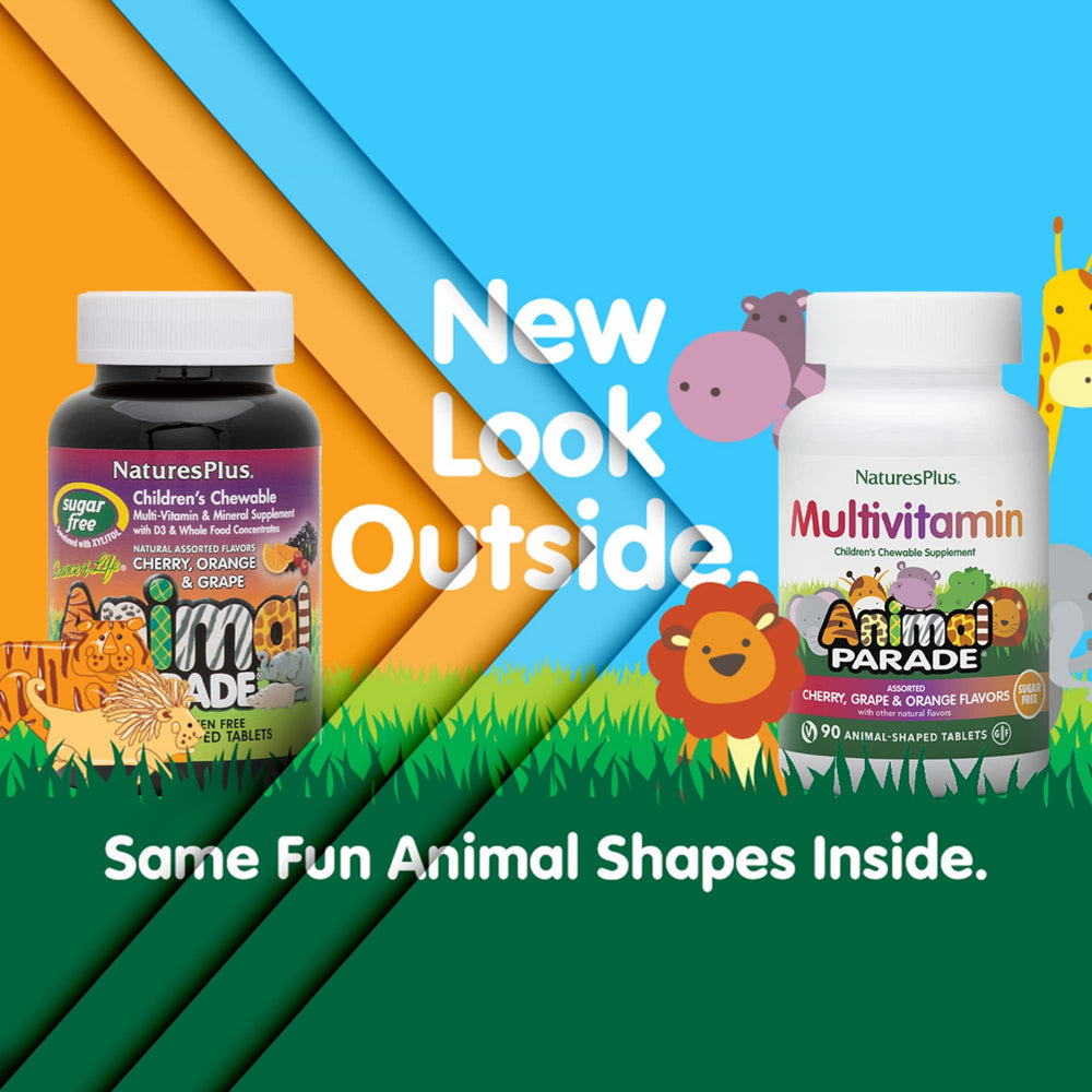 NaturesPlus Animal Parade chewables-kids highlights tasty flavors encouraging regular vitamin intake.