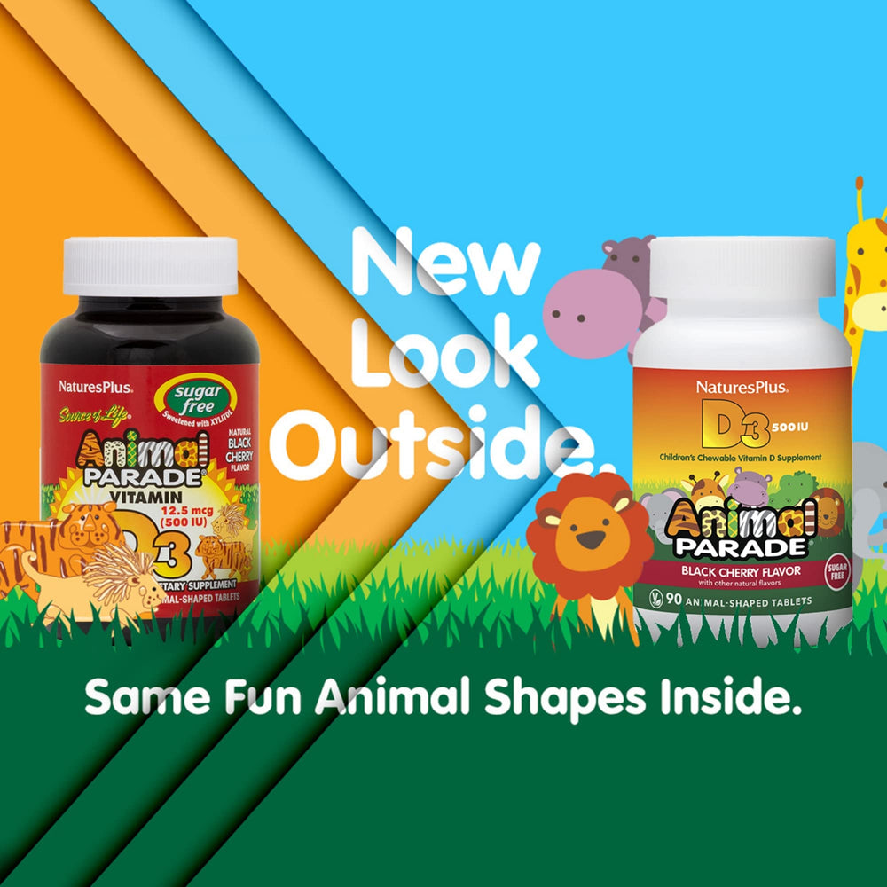 Animal Parade D3 animal-shaped tablets on display, kid-friendly chewables