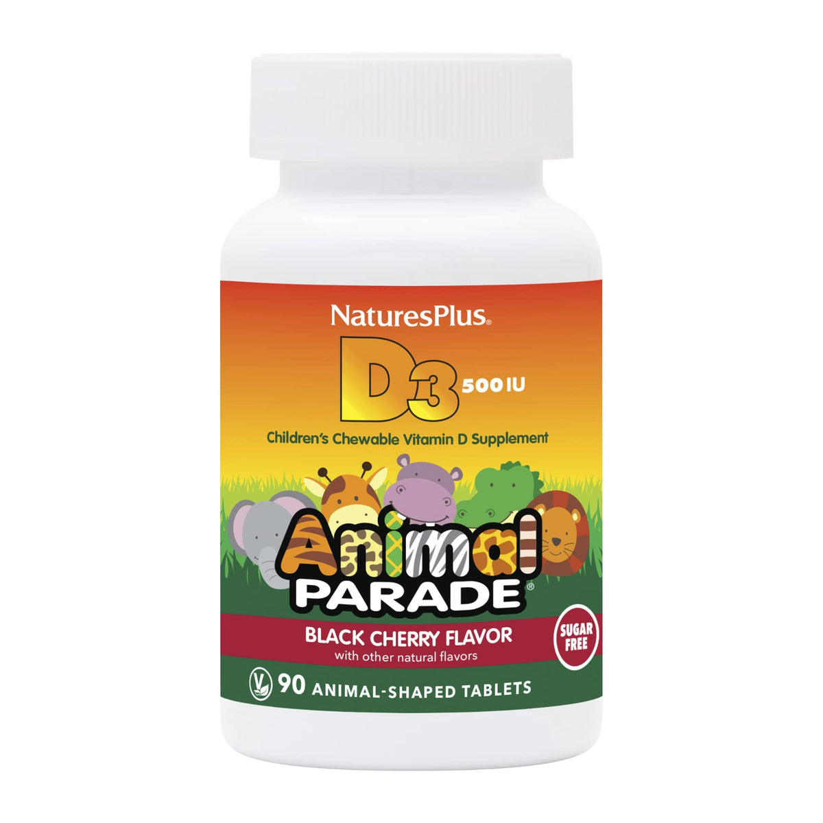 NaturesPlus Animal Parade D3 bottle showing sugar-free vitamin D3 for kids and bone support