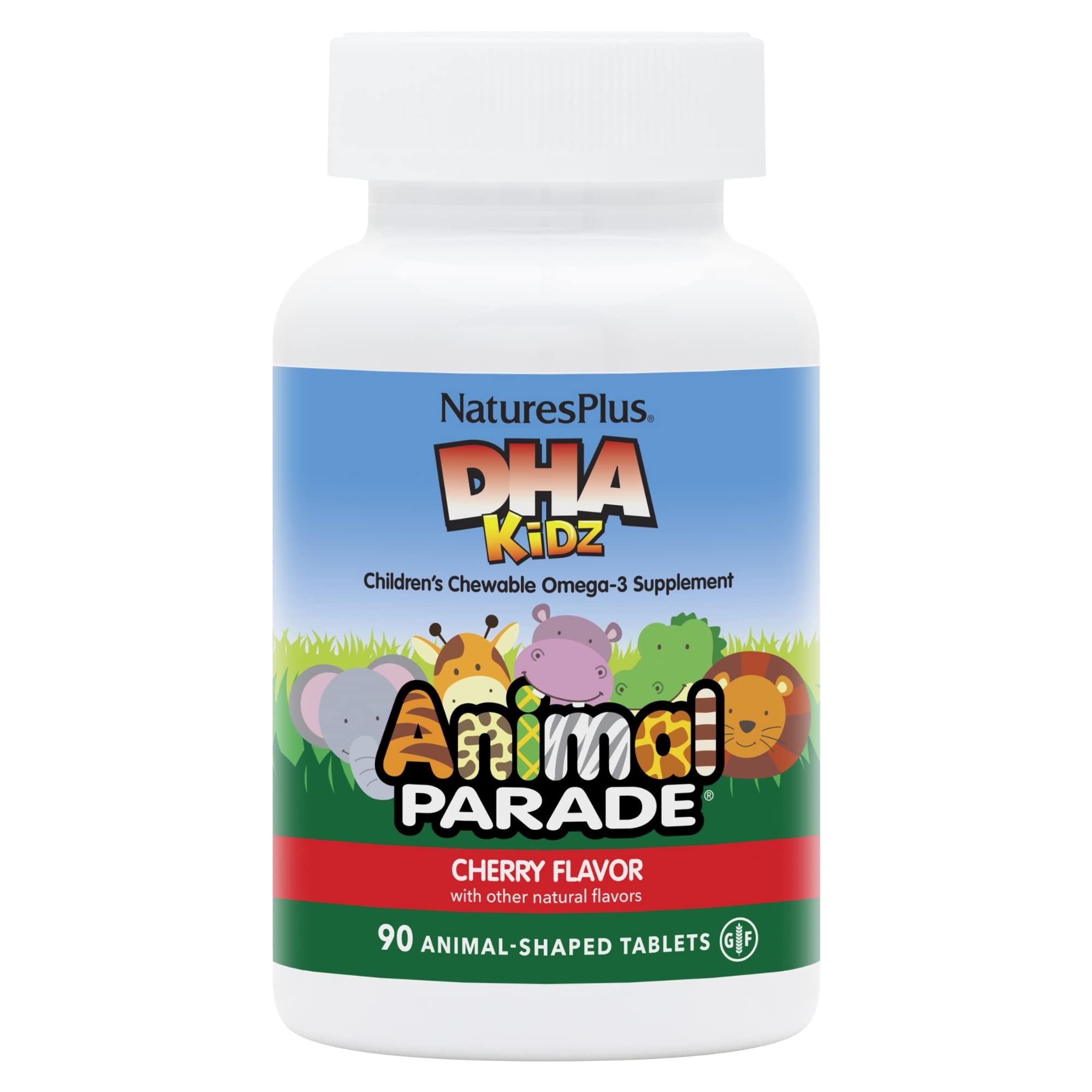 NaturesPlus Animal Parade DHA chewables bottle with kid-friendly cherry flavor for daily omega-3 intake