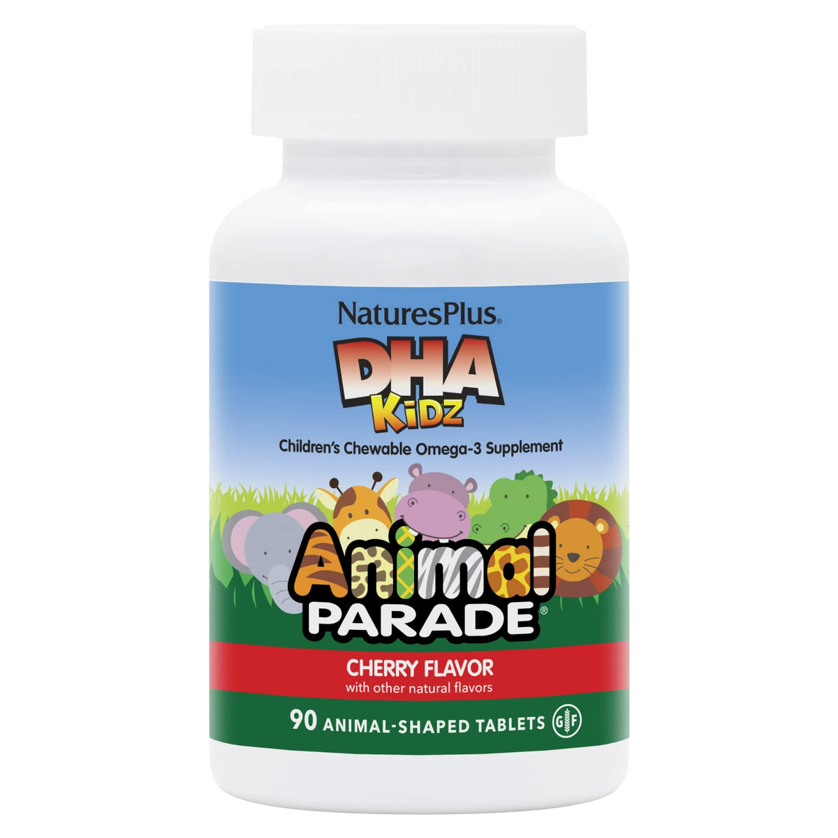 NaturesPlus Animal Parade DHA chewables bottle with kid-friendly cherry flavor for daily omega-3 intake