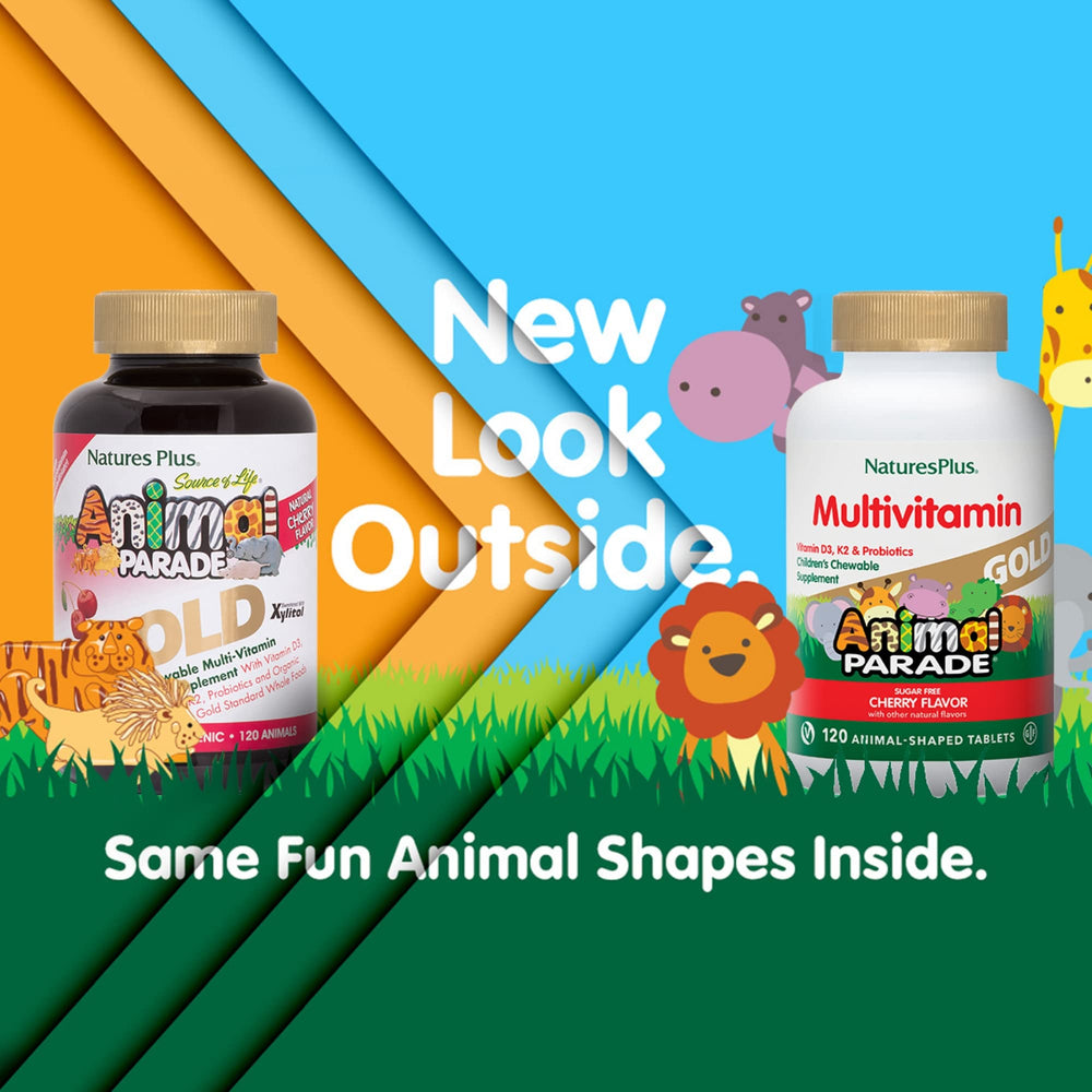 NaturesPlus Animal Parade Gold animal-shaped tablets, fun shape encourages wellness routine.