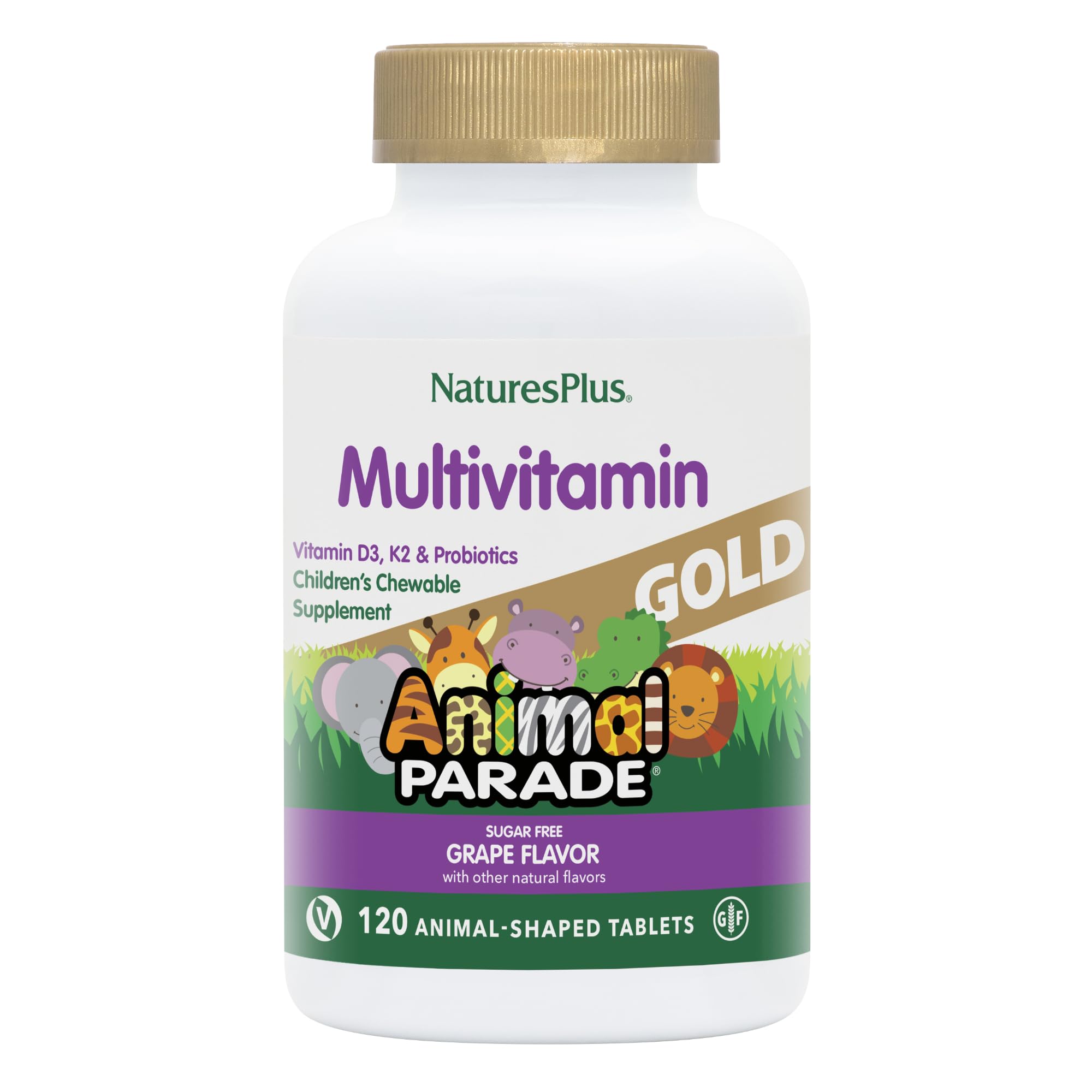 NaturesPlus Animal Parade Gold grape-flavored bottle front for kids supports daily vitamin intake