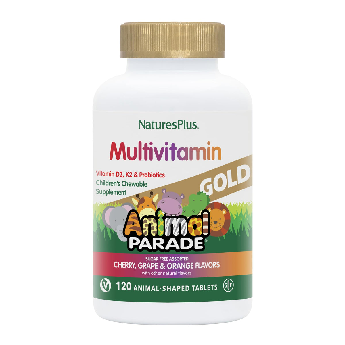 Nature's Plus Animal Parade Gold bottle with colorful kid-friendly tablets for daily use